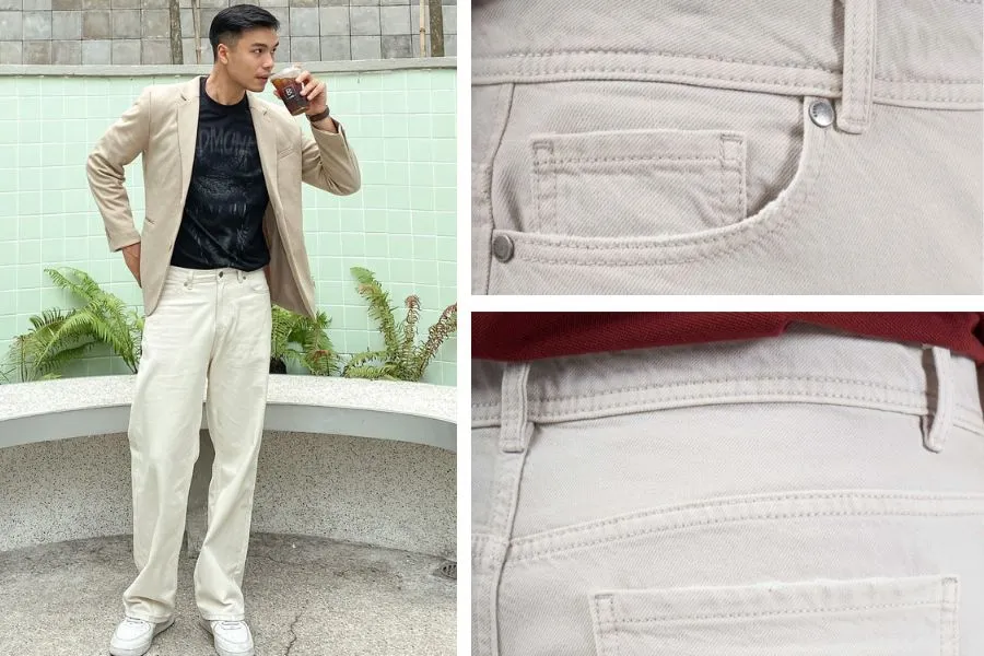 Phối layer quần jean ống suông cùng áo thun và blazer bên ngoài giúp outfit thanh lịch và mới mẻ hơn
