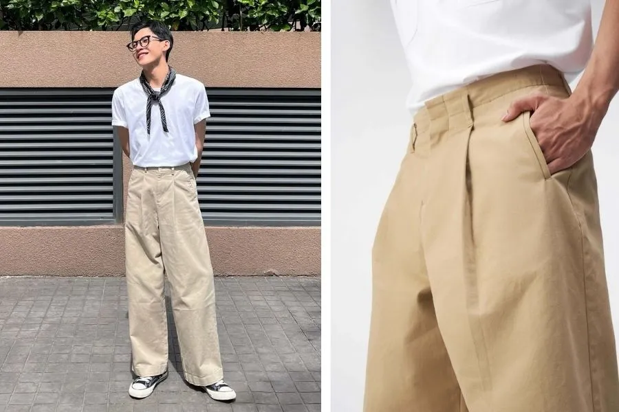 Basic nhưng luôn hiệu quả với quần kaki nam ống suông mix cùng áo thun trắng