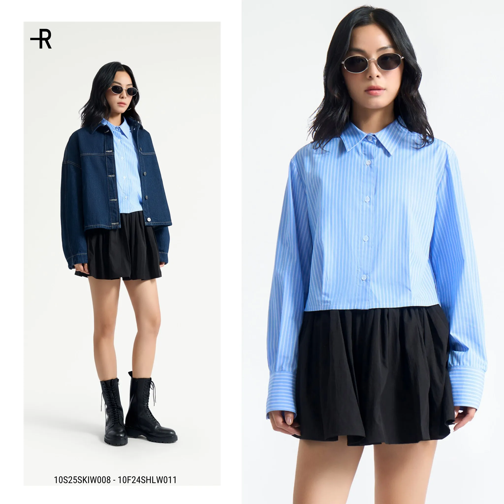 Áo sơ mi sọc xanh kết hợp áo khoác jean đen cùng chân váy đen mang đến vẻ ngoài mạnh mẽ và cá tính (Nguồn: Routine)