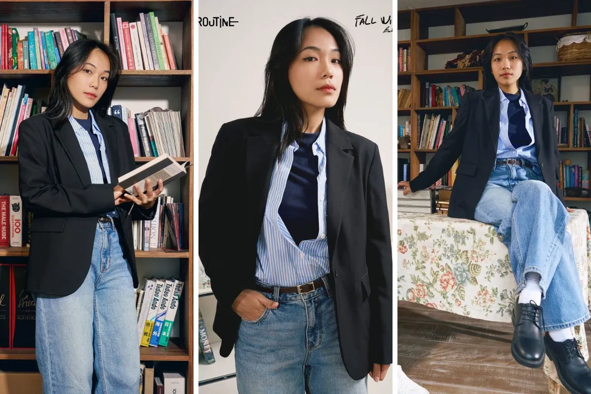 Mix match blazer đen với quần jean tone sur tone diện Tết