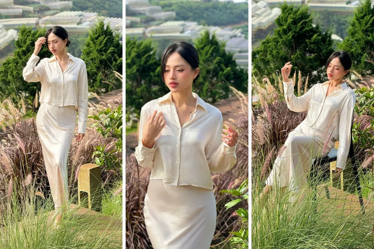 Gợi ý set váy áo satin trắng ngà diện Tết cho nàng thêm xinh