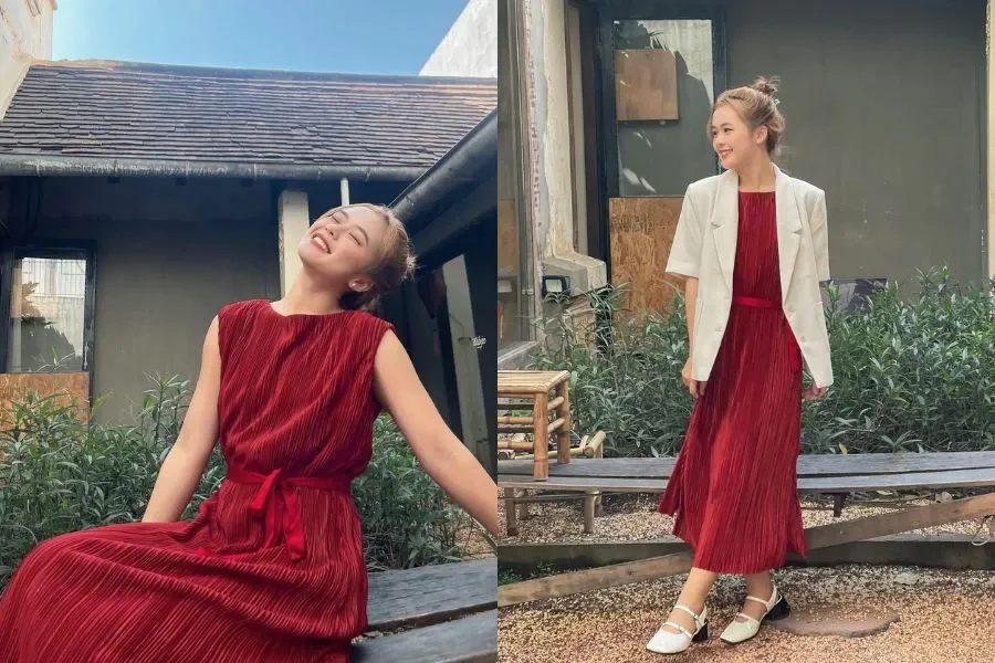 Chiếc đầm midi xếp ly tông màu đỏ mang đến vẻ đẹp yêu kiều, sang trọng cho phái đẹp trong ngày Tết.