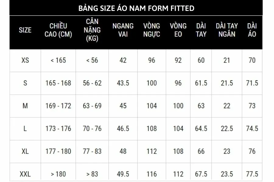 Ví dụ bảng size áo nam form Fitted tại Routine