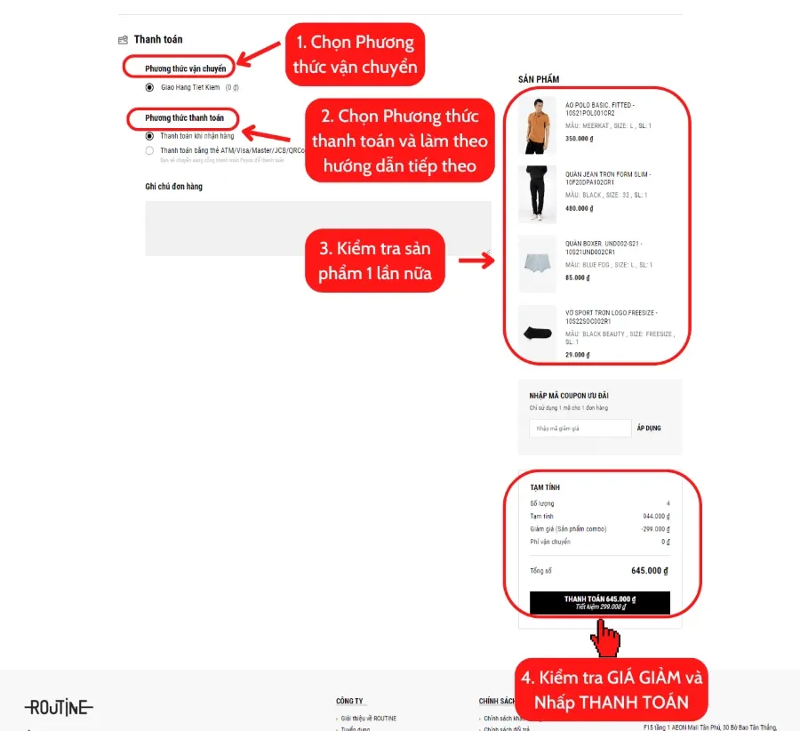 Thanh toán sản phẩm cho combo 645k