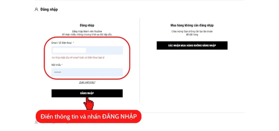 Điền thông tin đăng nhập mua hàng