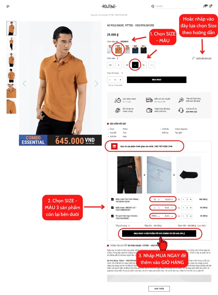 Vào sản phẩm combo tinh tế chọn size và màu sắc